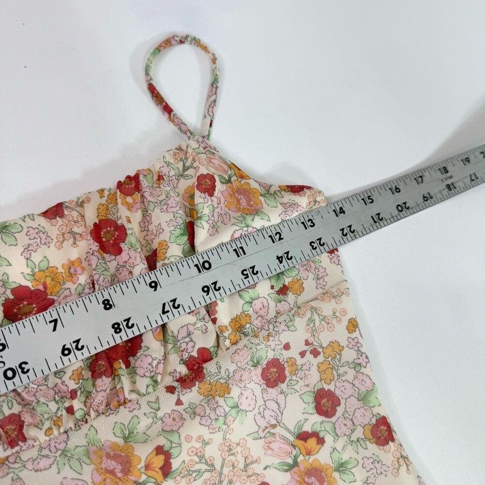 Liz & Sara Mini Dress Womens Medium Tan Floral Y2K Lined Smocked Crepe Milkmaid - Picture 7 of 9